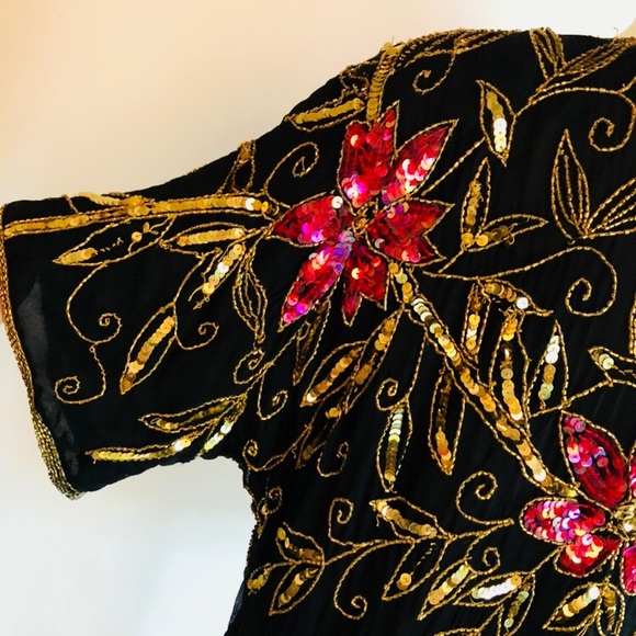 Vintage Floral Sequin Silk Retro Top M - Picture 4 of 6